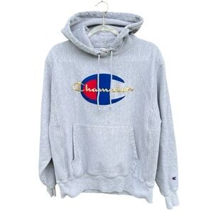 Champion Reverse Weave Big C Spell Out Logo Hoodie Gray Medium Thick Soft